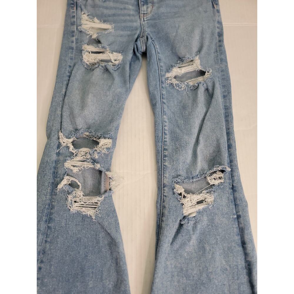 AMERICAN EAGLE Flare Jeans SZ 6 Super High Rise Distressed Cross Waist Y2K 90s - Picture 5 of 11